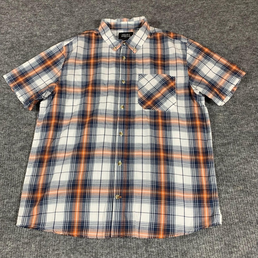 Field‎ & Stream Shirt Mens L Blue Orange Plaid Short Sleeve Button Up Casual